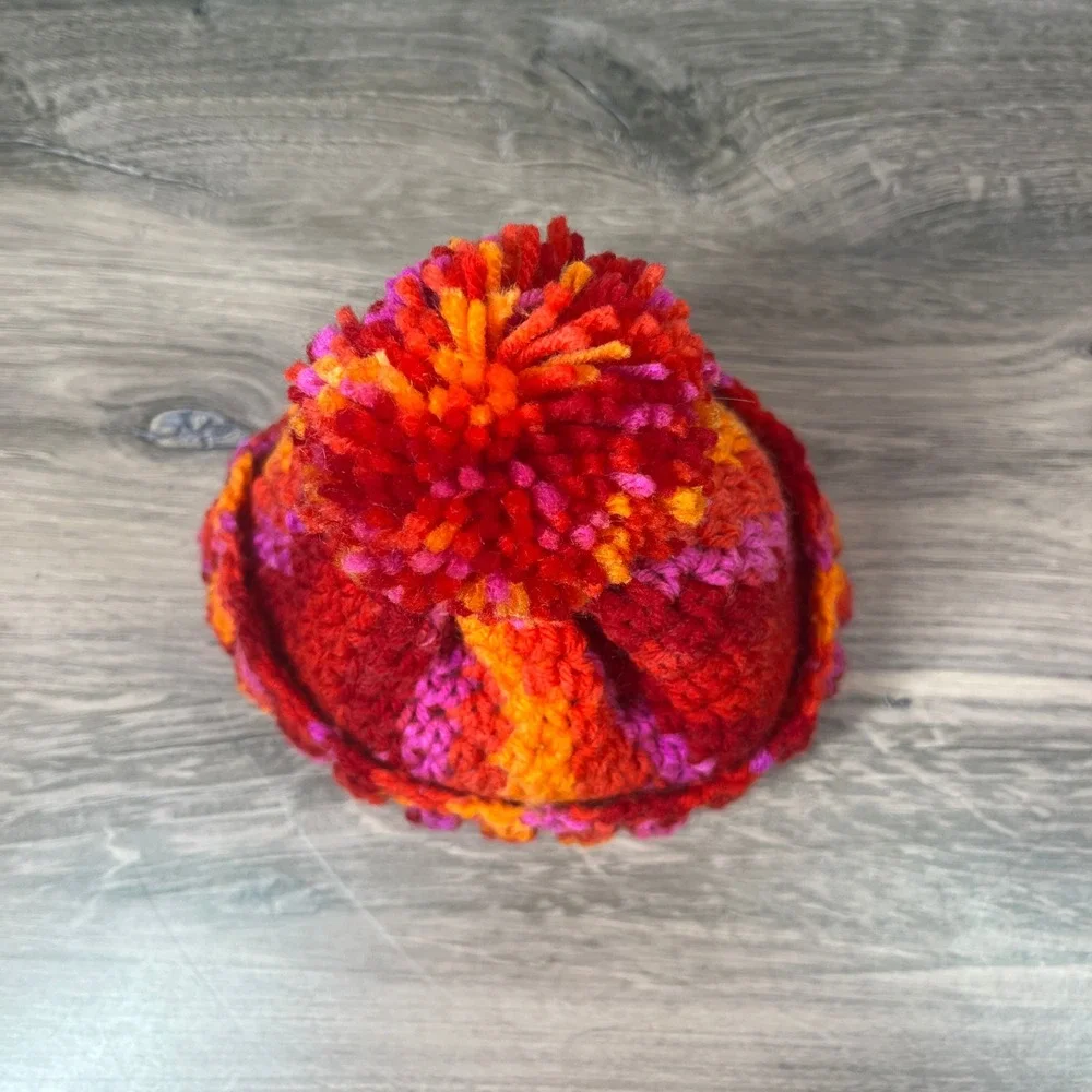 Handmade‎ Crochet Beanie Kids Red Orange Pink Pom Pom Winter Hat